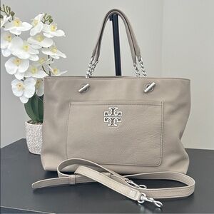 Tory Burch Taupe Leather Tote with Chain Straps